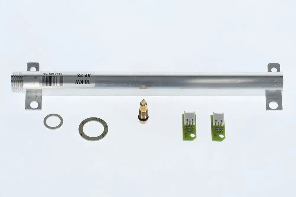 Gas-Umbausatz von Bosch mit einem langen, zylindrischen Metallrohr, zwei PCB-Platinen, einem Befestigungselement und Dichtungsringen.